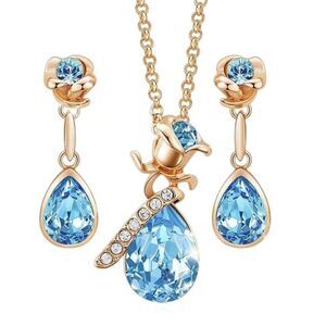 CDE Aquamarine Blue Crystal Gold Rose Shaped Jewelry Earrings Necklace Gift Set